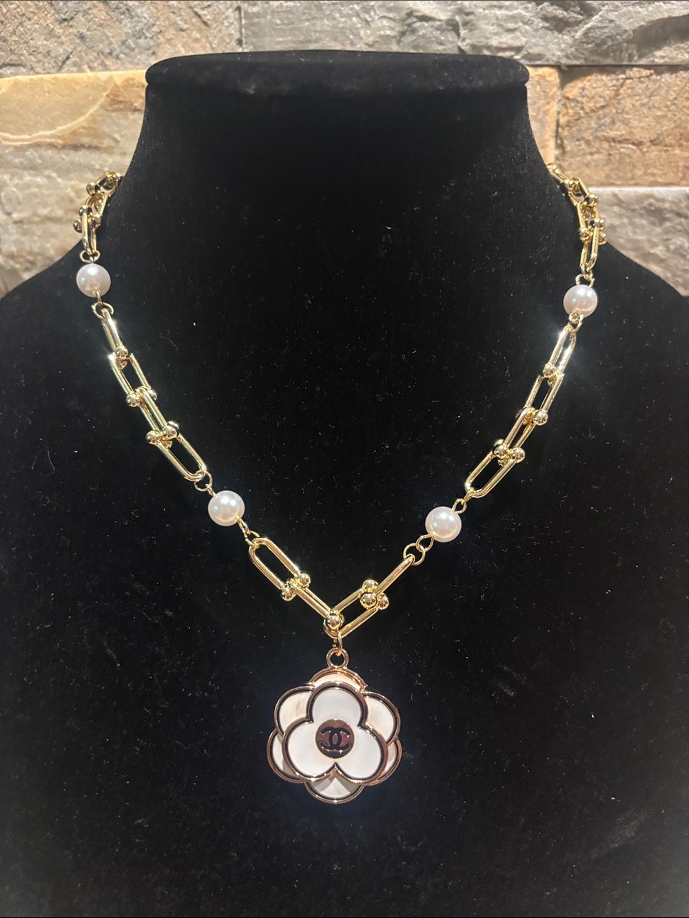 Gold Pearl Link Necklace with Floral CC Camellia Flower Pendant